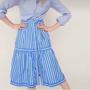 J. Crew Blue and White A-Line Midi Skirt with Tie Front